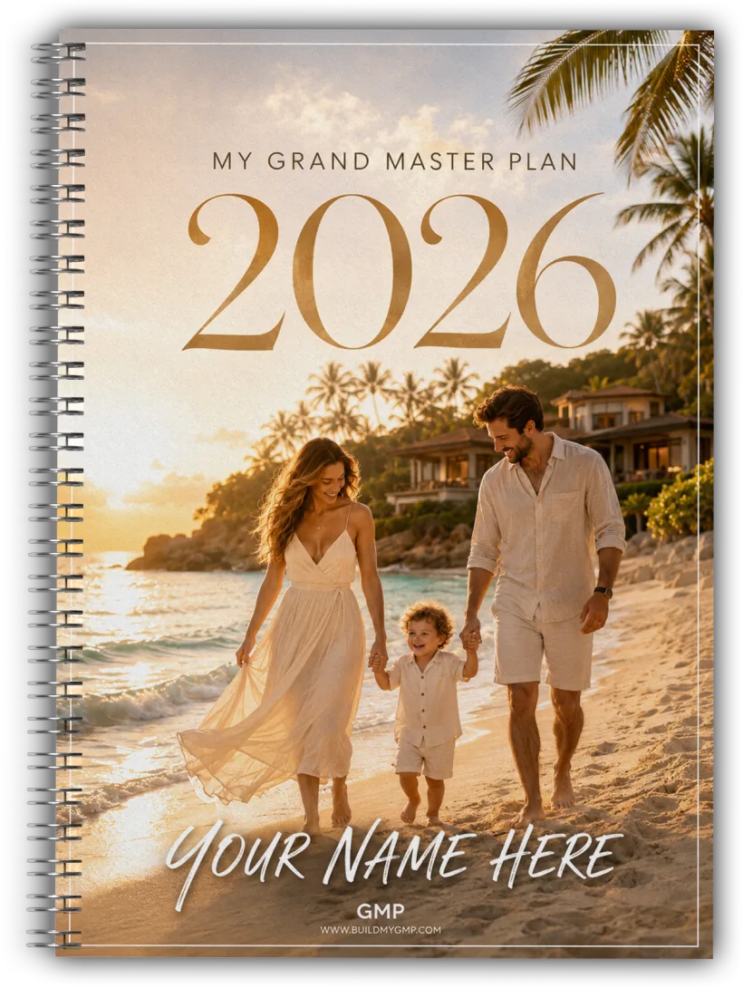 A printed Grand Master Plan 2026 planner with a family on the cover