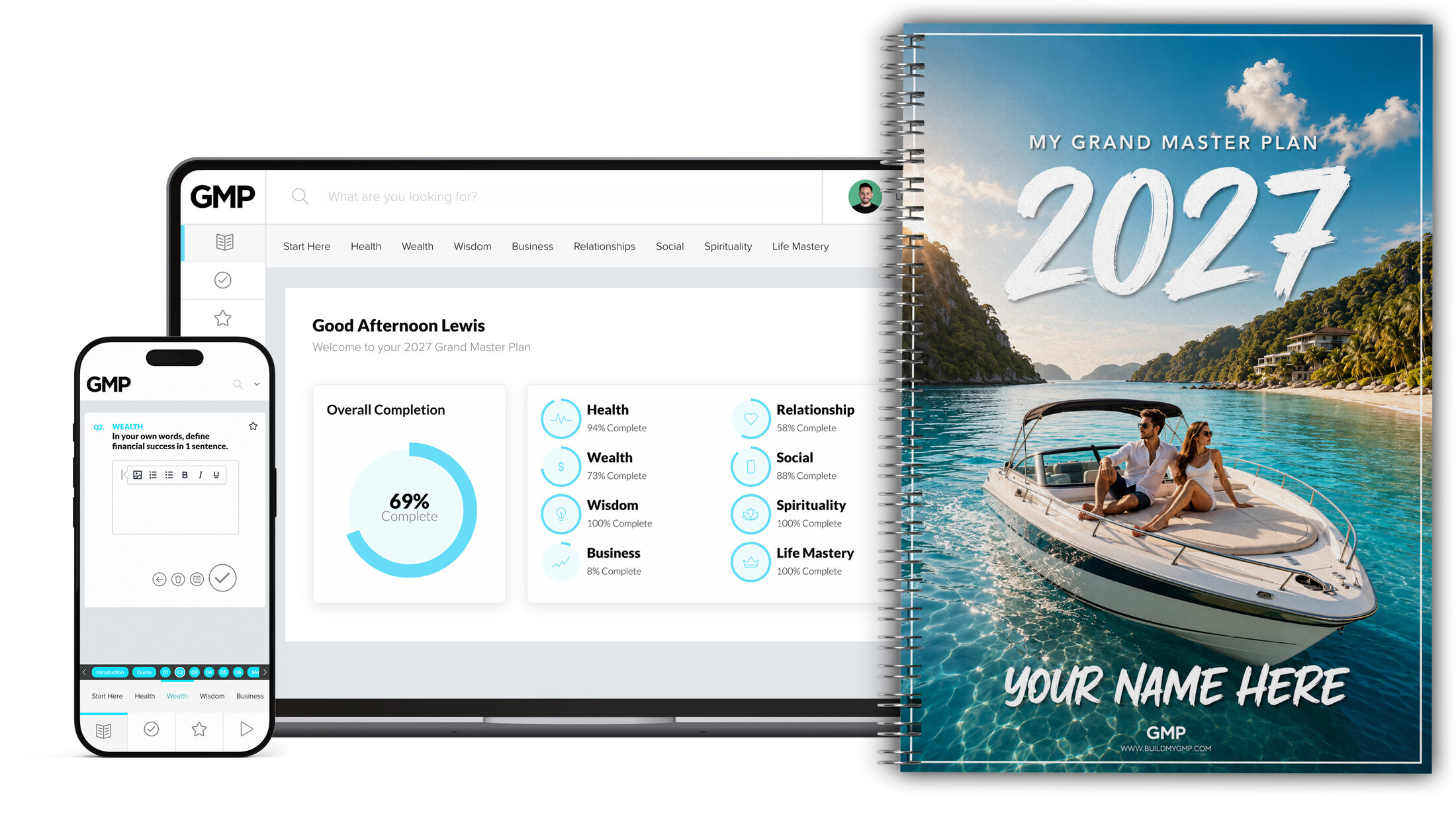 The Grand Master Plan platform on a laptop and phone, beside the printed 2027 planner